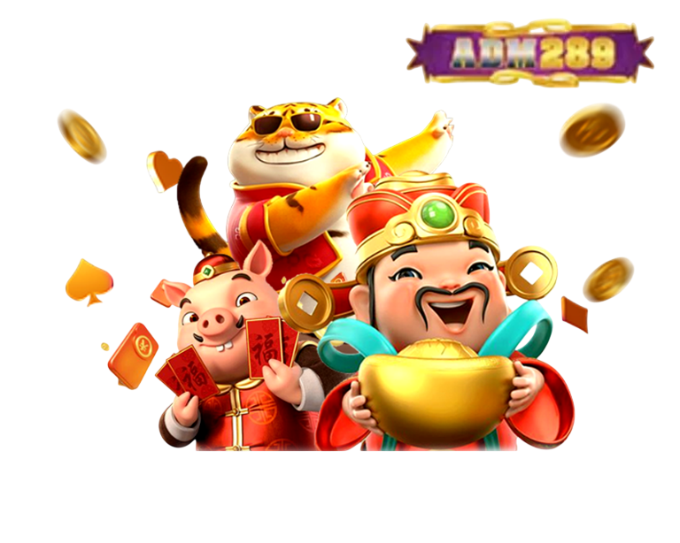 การ์ตูนตัวละครจีนมงคลสามตัวถือถุงเงิน ล้อมด้วยเหรียญทองและสัญลักษณ์โชคลาภ